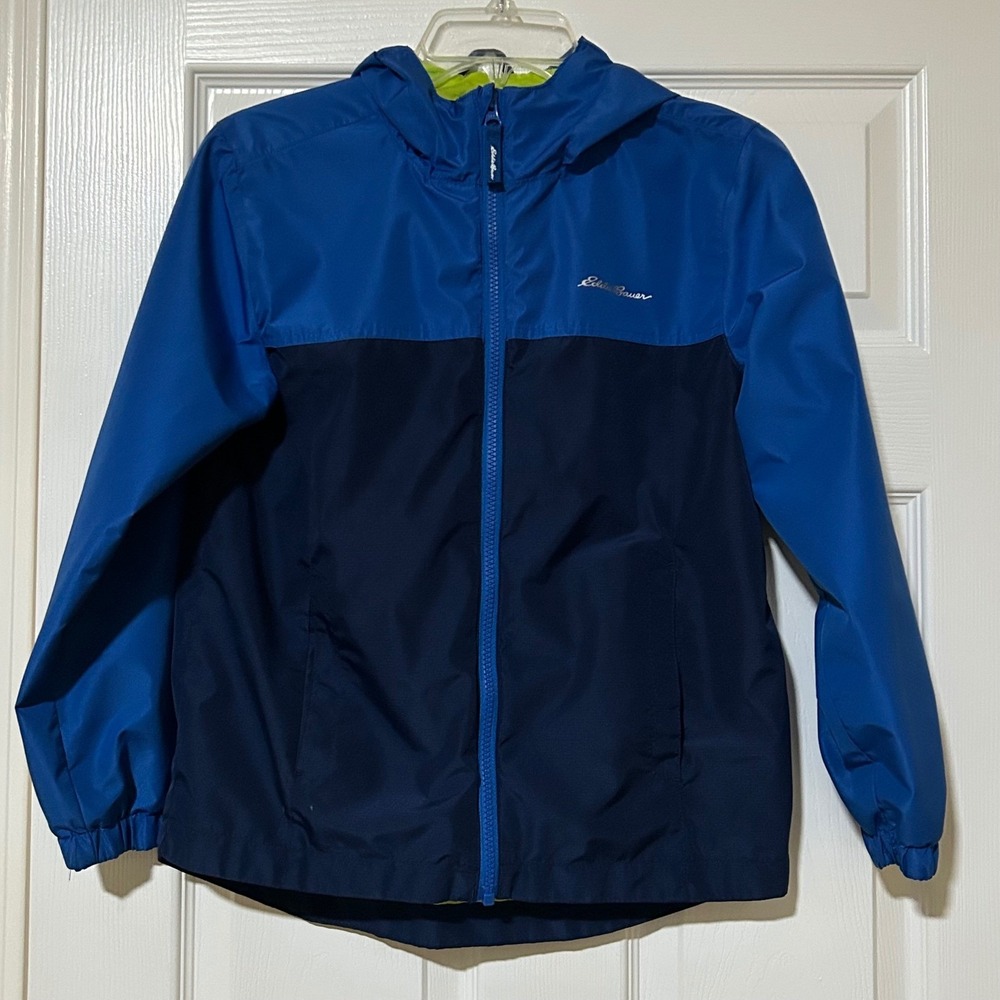 Eddie Bauer Kids Blue Navy Hooded Rain Jacket Size M 10/12 Missing Inside Liner